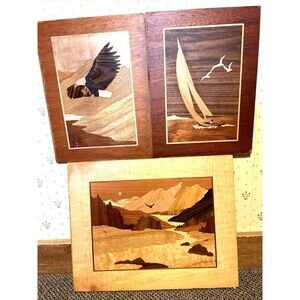 3 Mid Century Wood Marquetry Inlay Wall Art Scenic Landscape Eagle Boat 3 Pcs